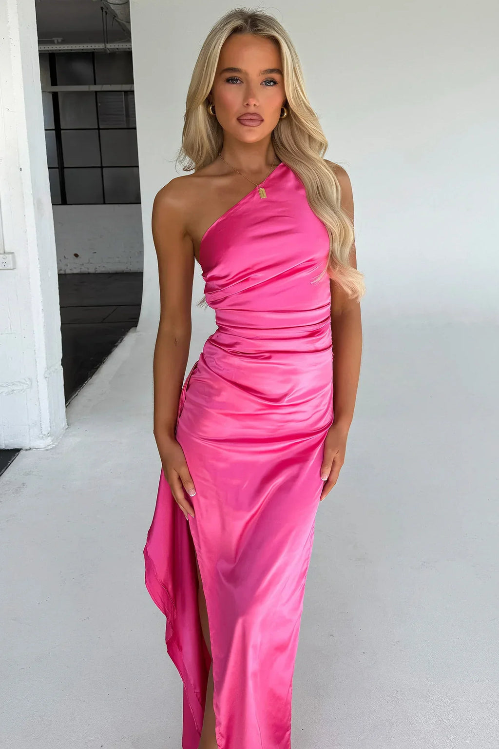 Elianna One Shoulder Satin Maxi Dress - Hot Pink