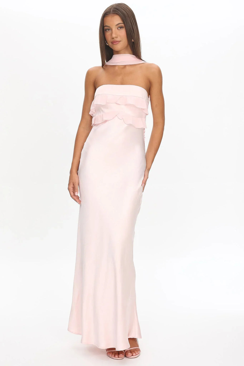 Damsel Reverse Halter Frill Trim Maxi Dress Blush