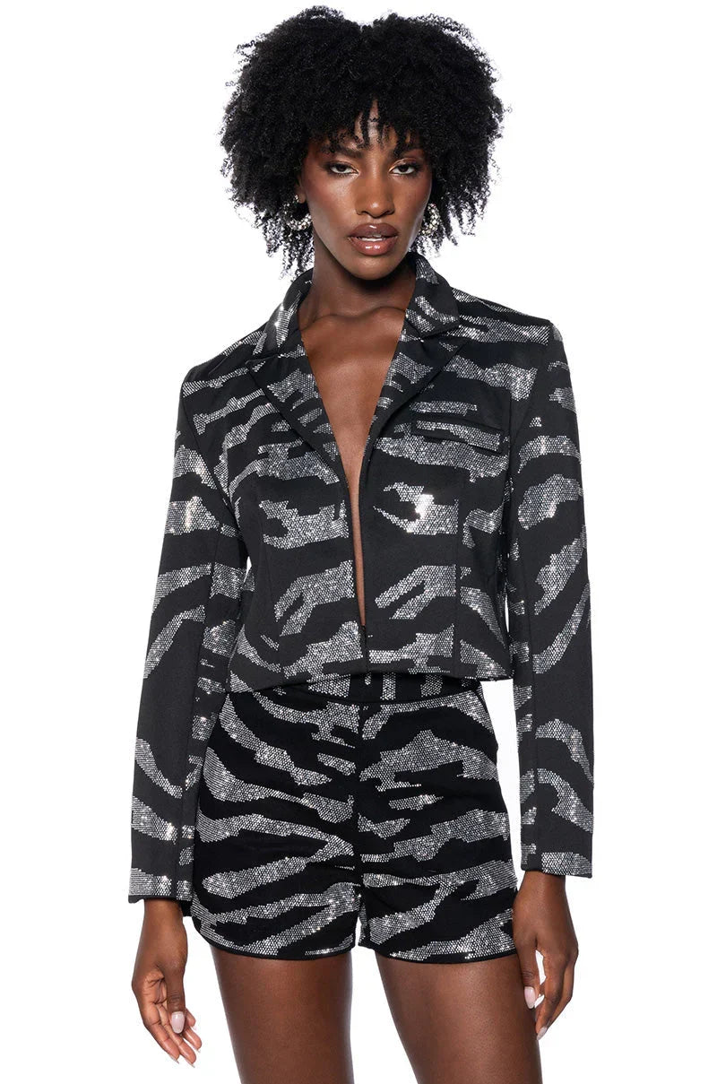 Pop Star Zebra Rhinestone Crop Blazer