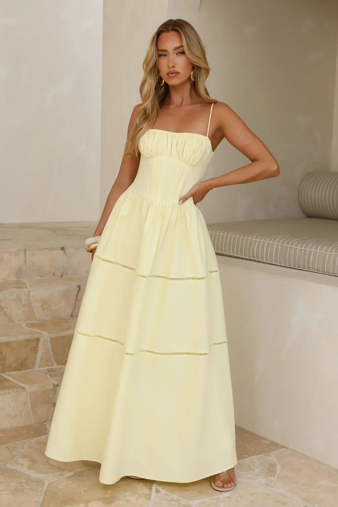 Sunny Day Embroidered Tiered Maxi Dress Yellow