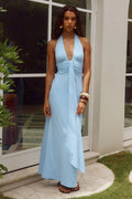 Kaeli Tie Front Halter Maxi Dress - Sky Blue
