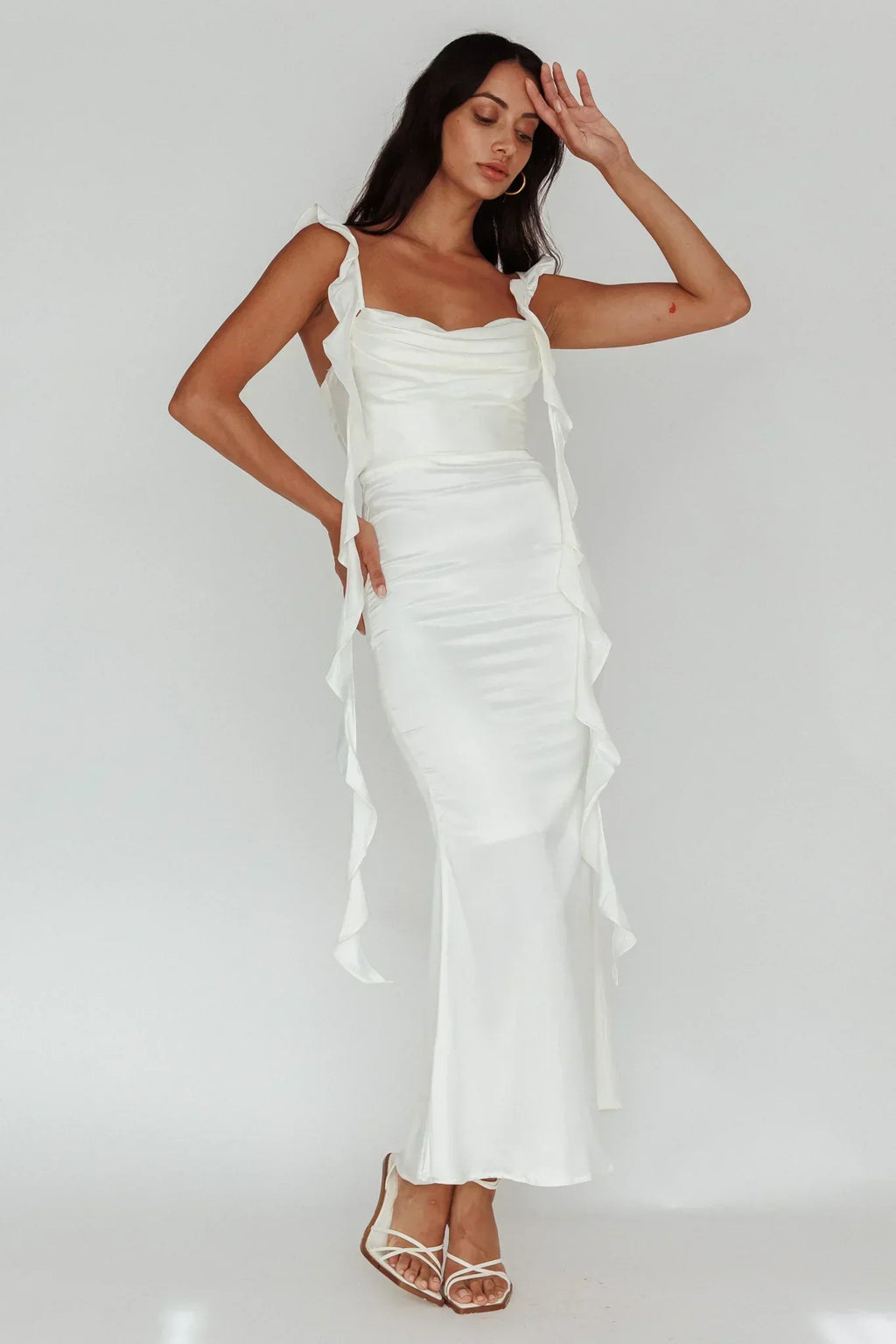 Blushing Ruffle Trim Midi Dress Oyster
