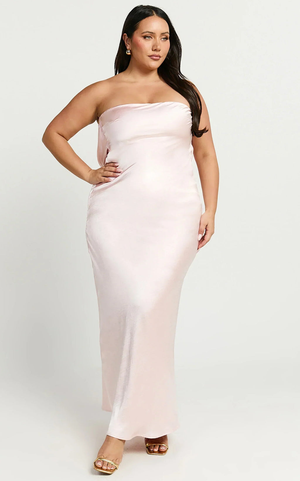 Charlita Maxi Dress - Strapless Cowl Back Satin Dress In Pale Pink