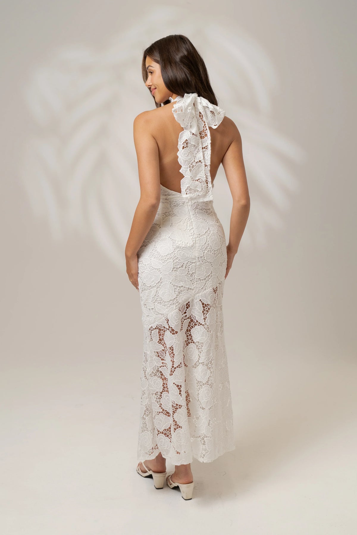Georgia White High Neck Lace Midi Dress