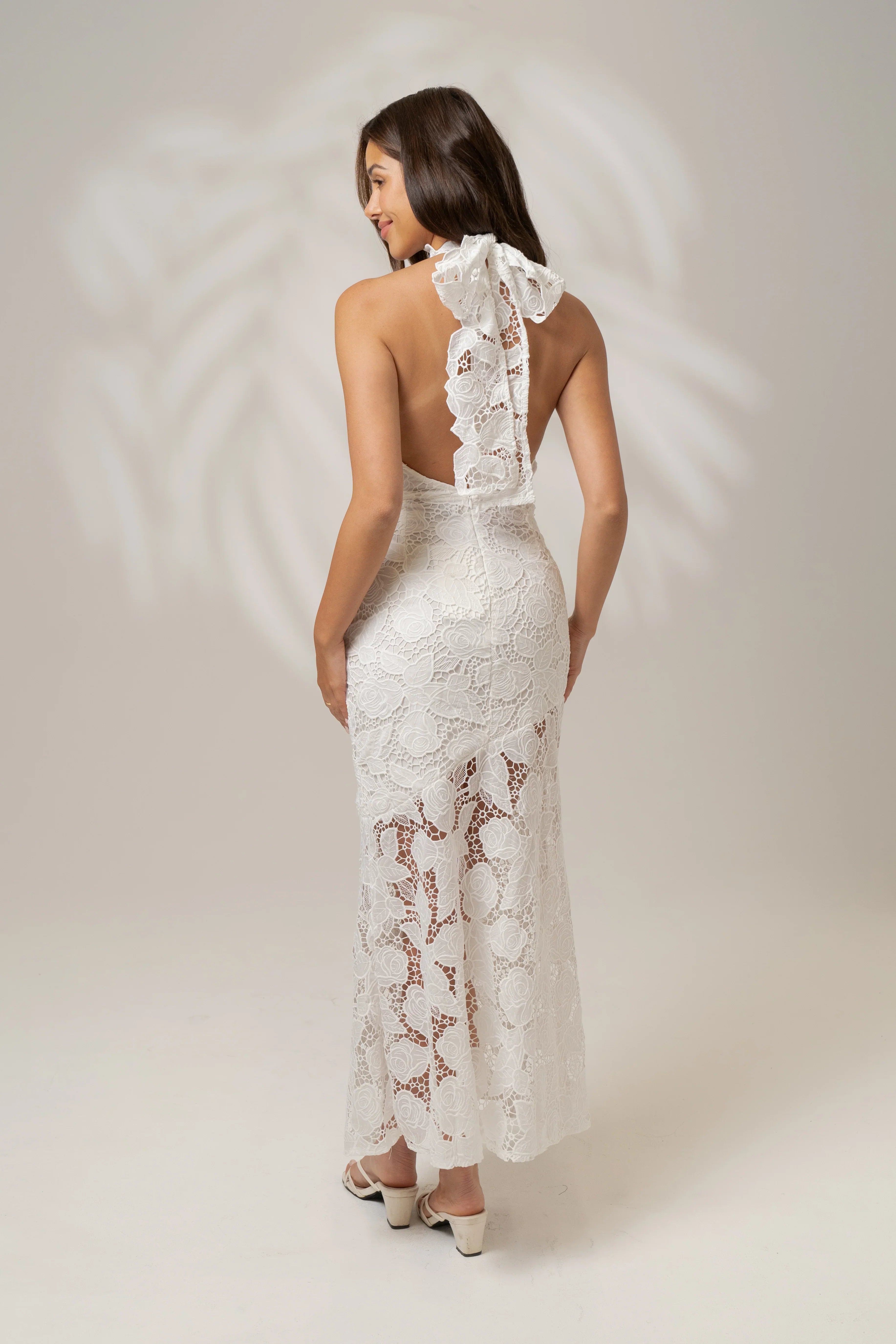 Georgia White High Neck Lace Midi Dress