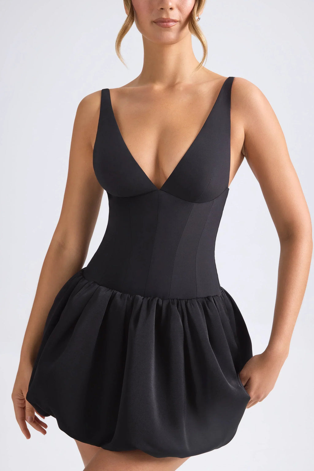 Lace-Up Bubble Hem Corset Micro Mini Dress In Black