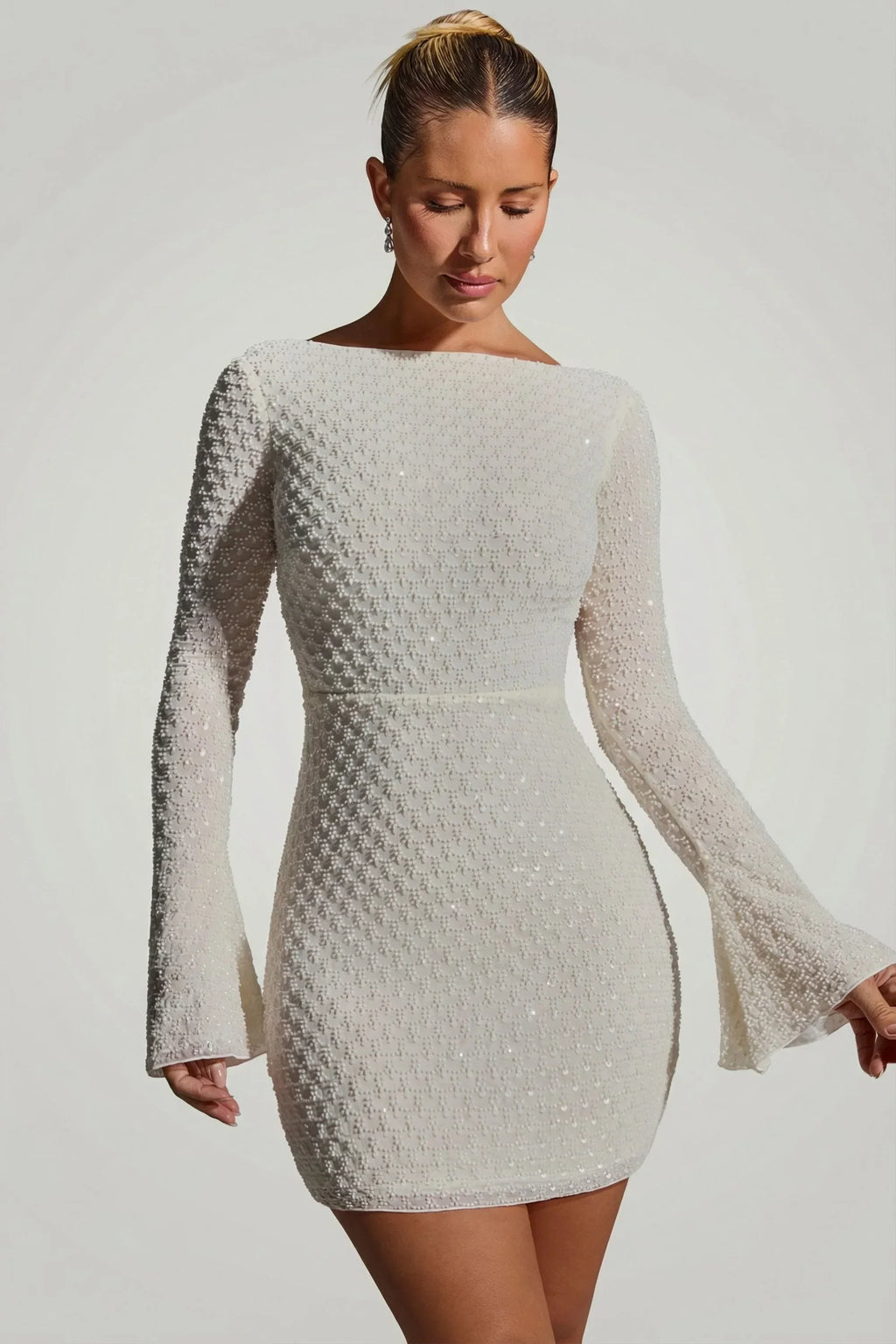 Embellished Open-Back A-Line Mini Dress In White