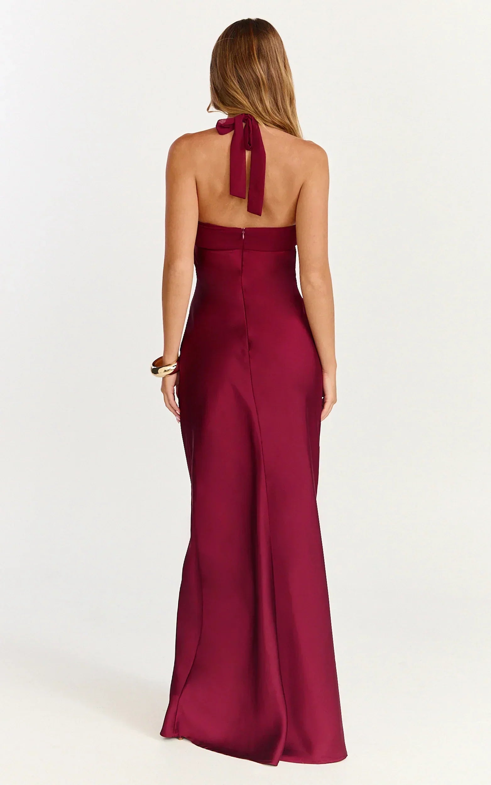 Flynn Maxi Dress - Satin Halter Sweetheart Neck Dress in Wine