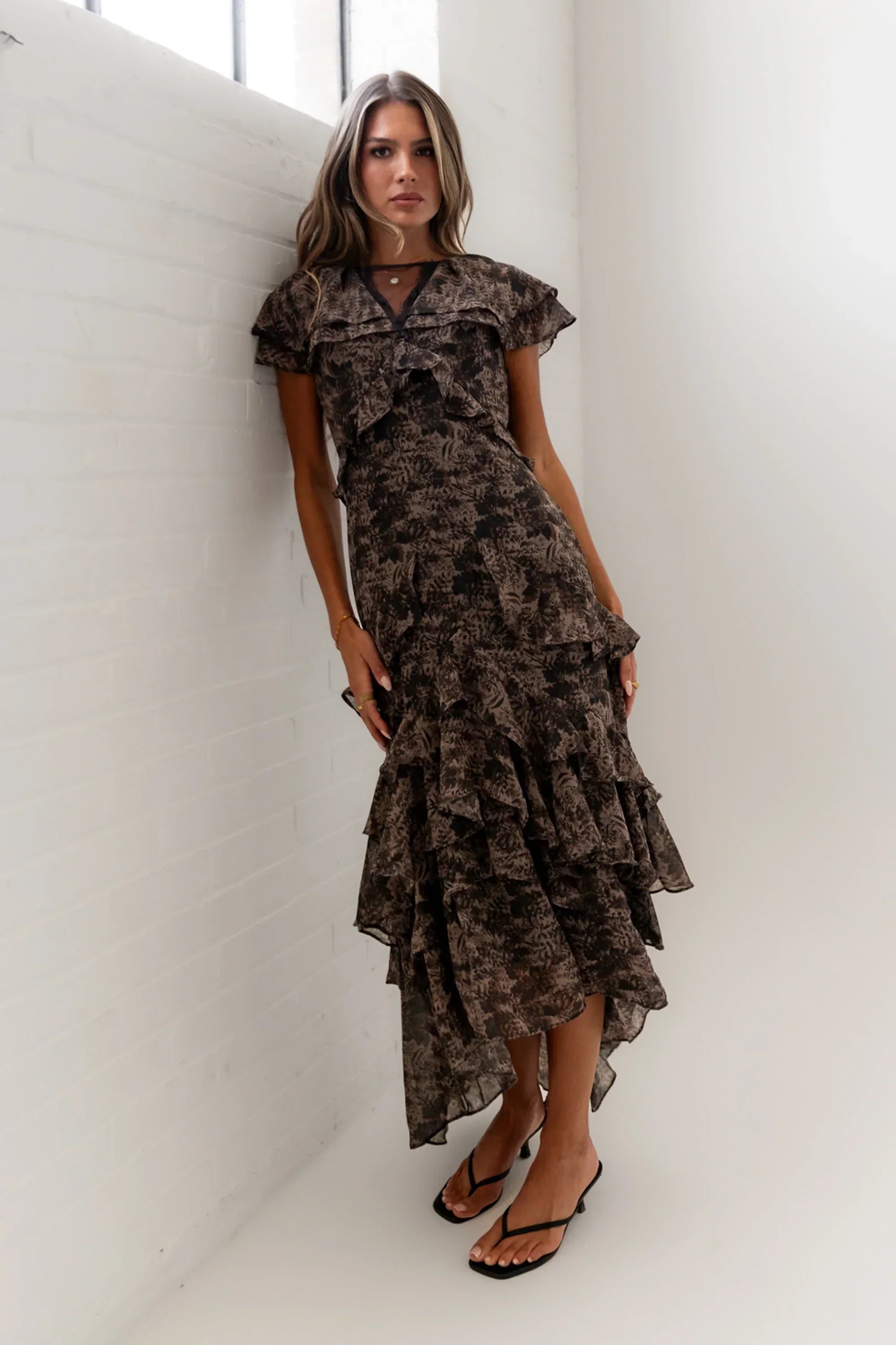 James Ruffle Maxi Dress In Grey