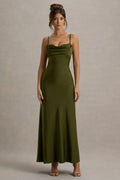 Eimear | Olive Green Satin Draped Sweetheart Maxi Dress