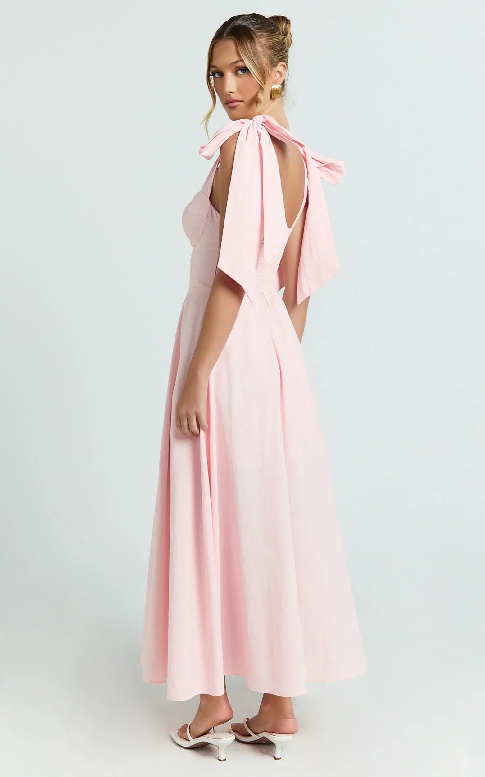 Tymia Midi Dress - Shoulder Tie Bustier Shirred Back A Line In Pink