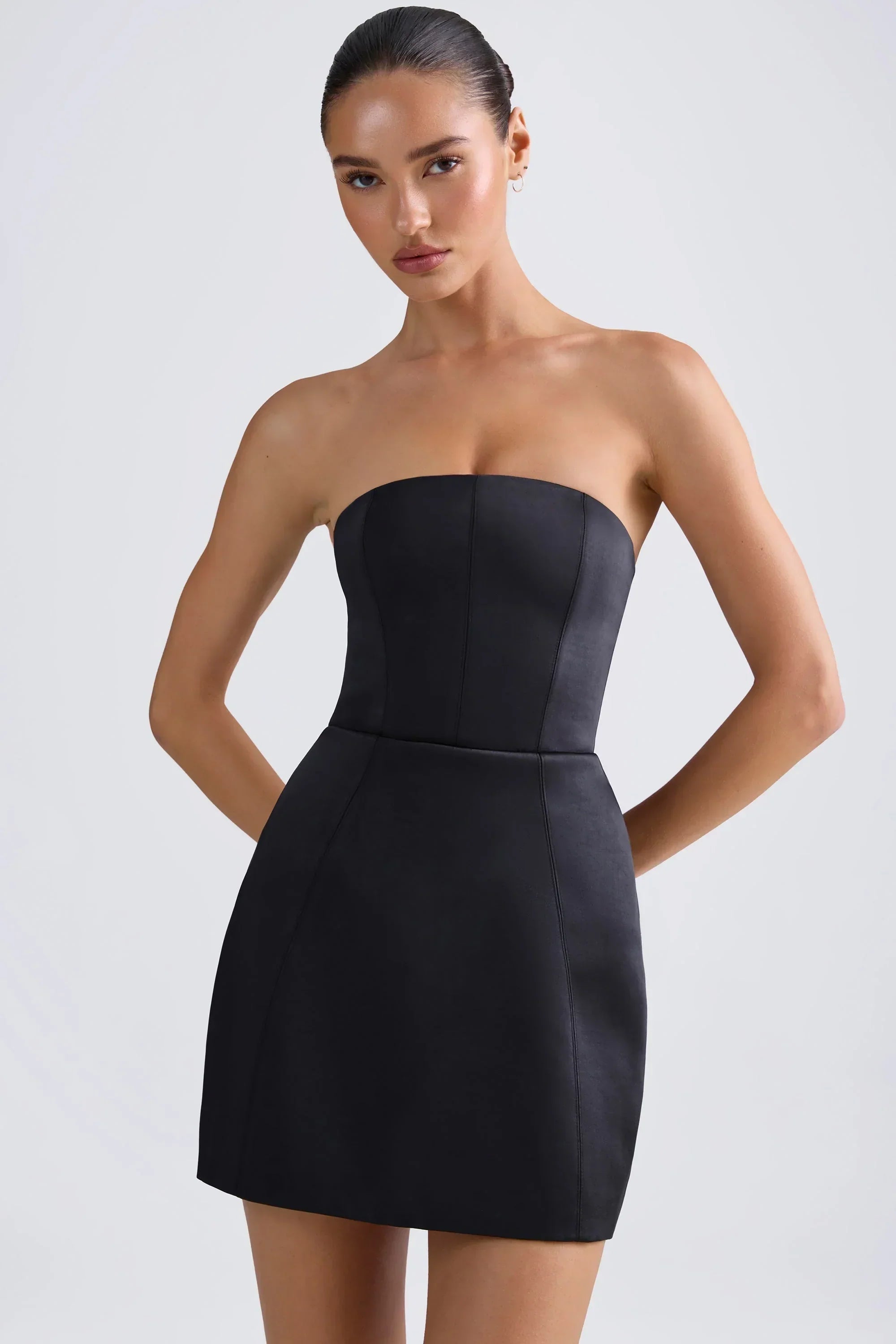 Bandeau Structured Tulip Mini Dress In Black