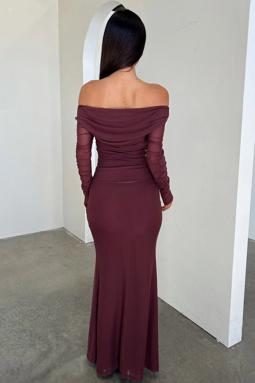 Rowan Long Sleeve Mesh Maxi Dress -  Brown