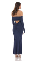 Off Shoulder Open Back Maxi Dress in Navy