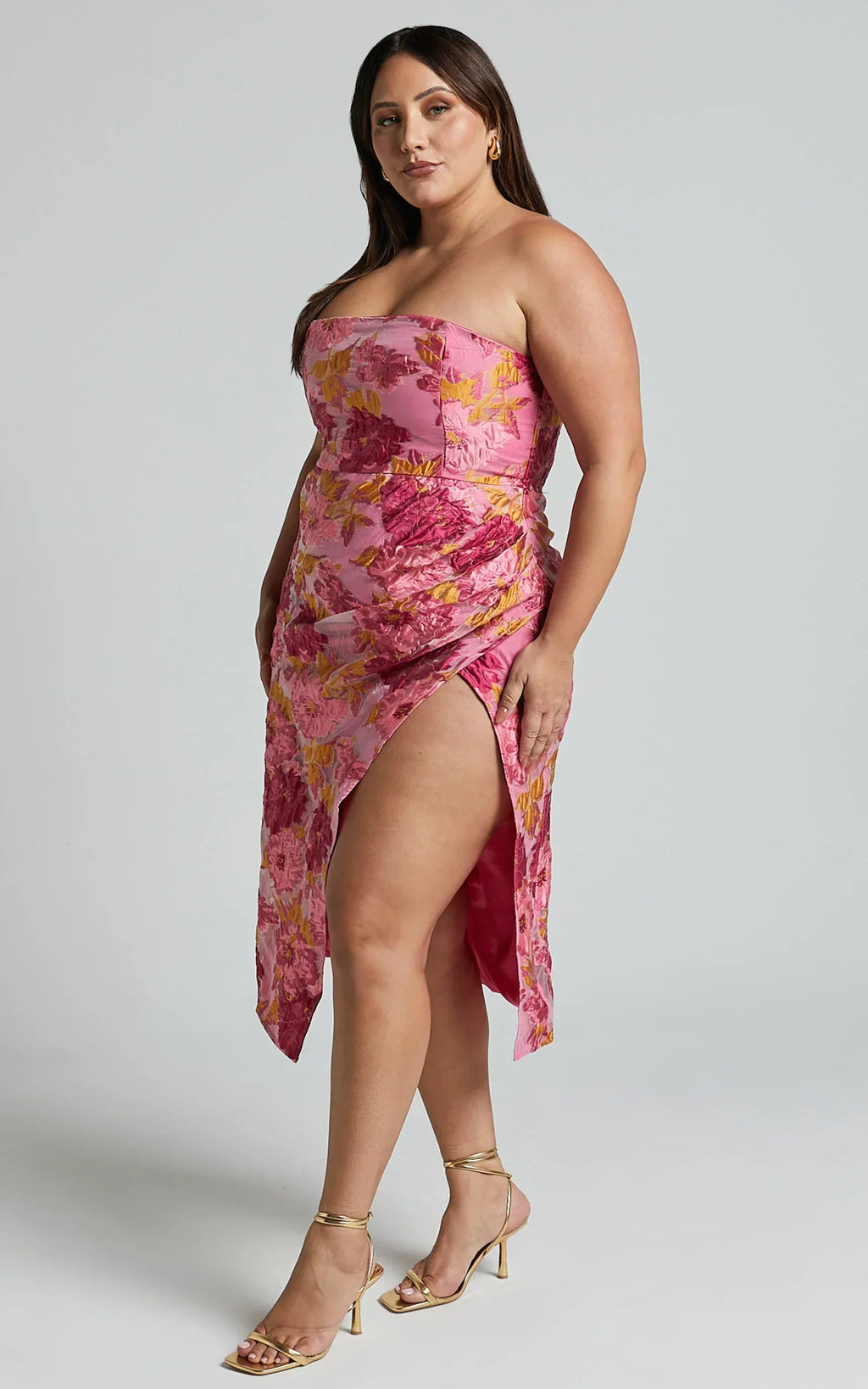 Brailey Midi Dress - Thigh Split Strapless Dress In Pink Jacquard