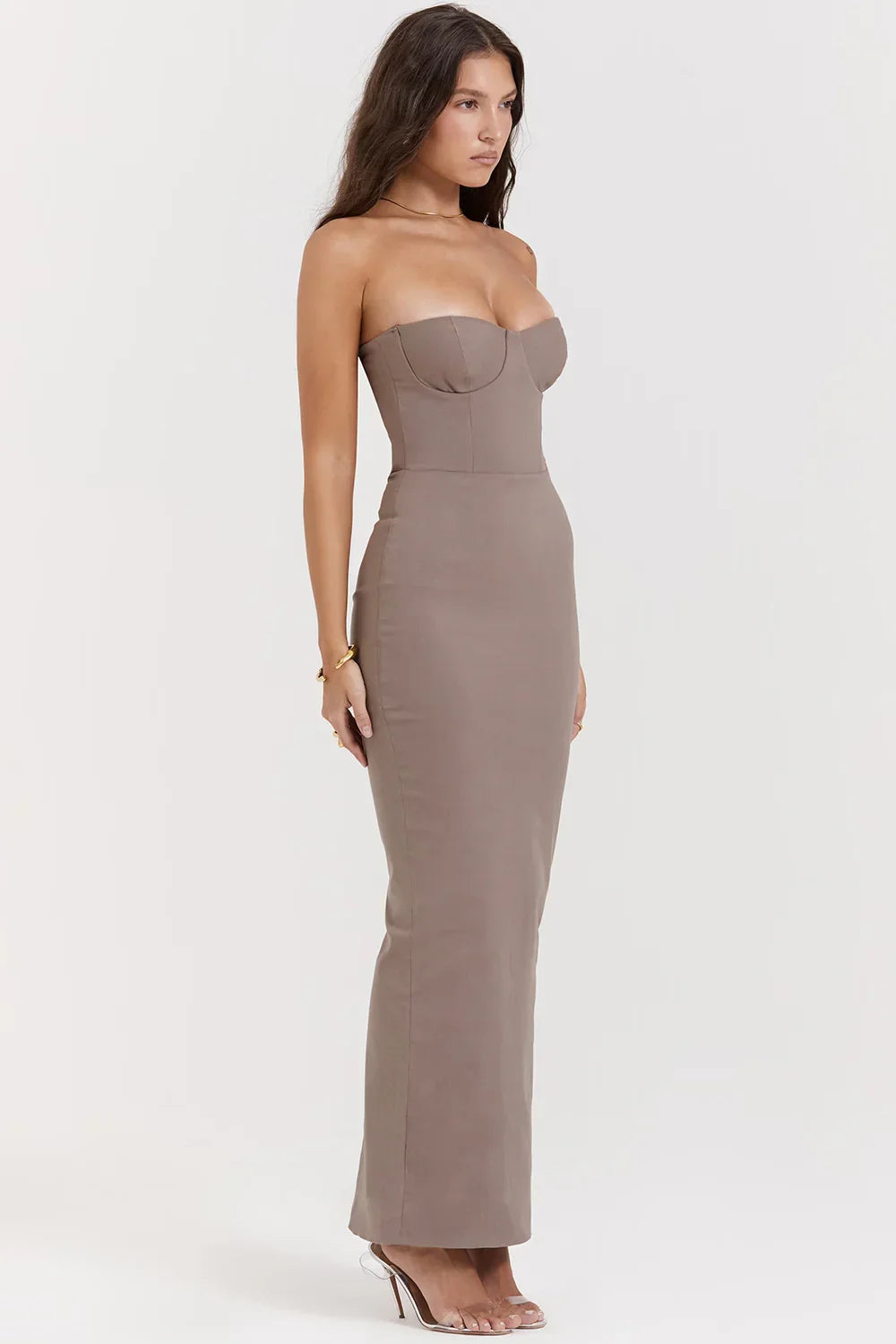Taupe Strapless Corset Maxi Dress