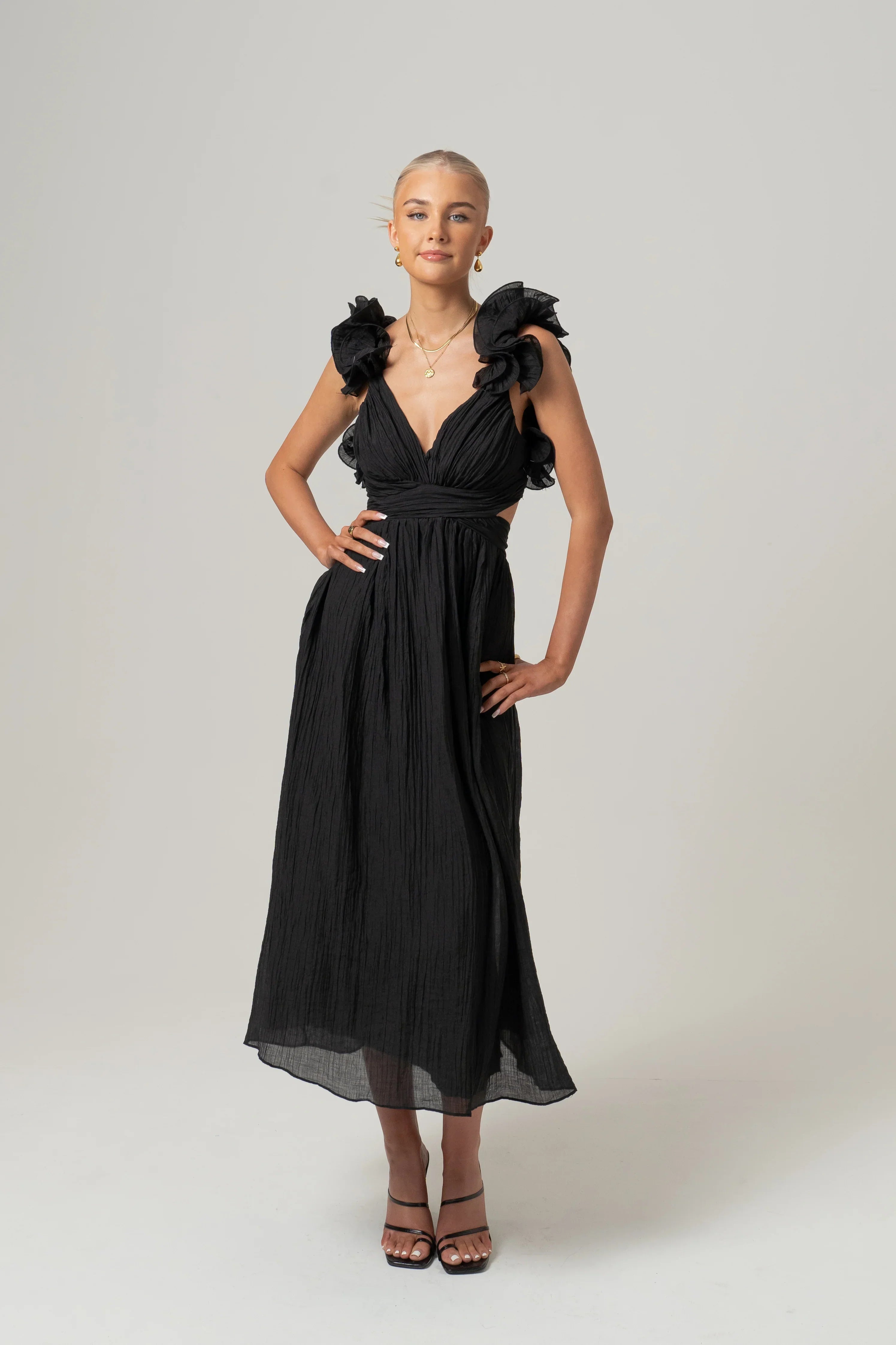 Tilly Ruffle Trim Midi Dress With Back Ties