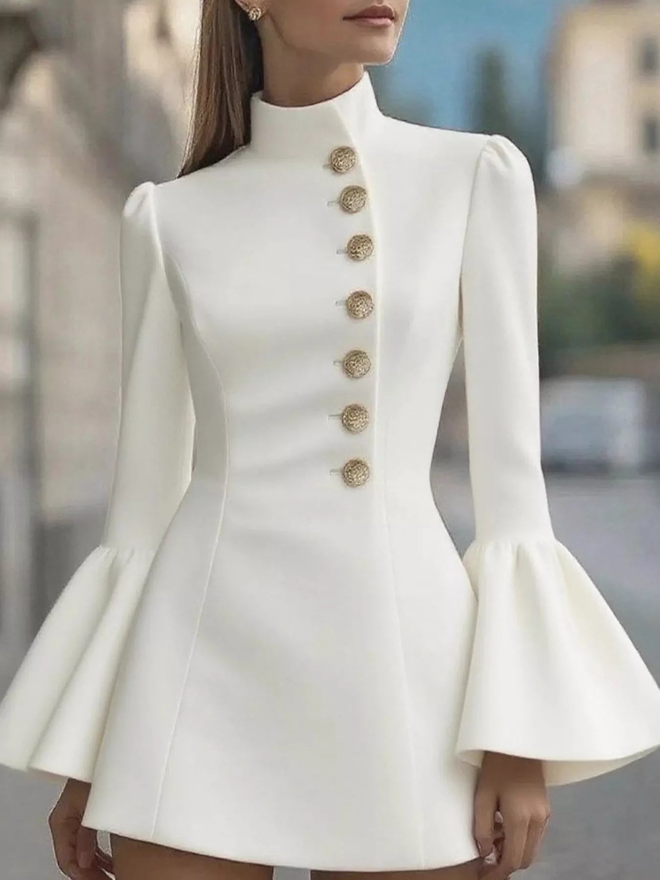 Bell Sleeve Mini Dress With Front Button