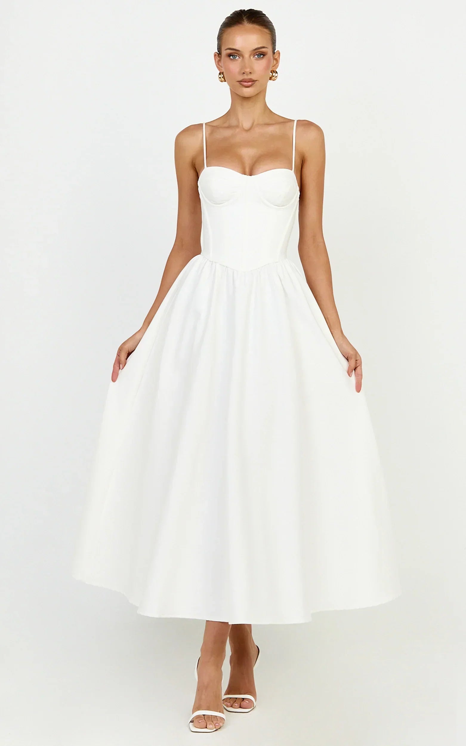 Seren Midi Dress - Corset Bodice Fit And Flare Dress In White