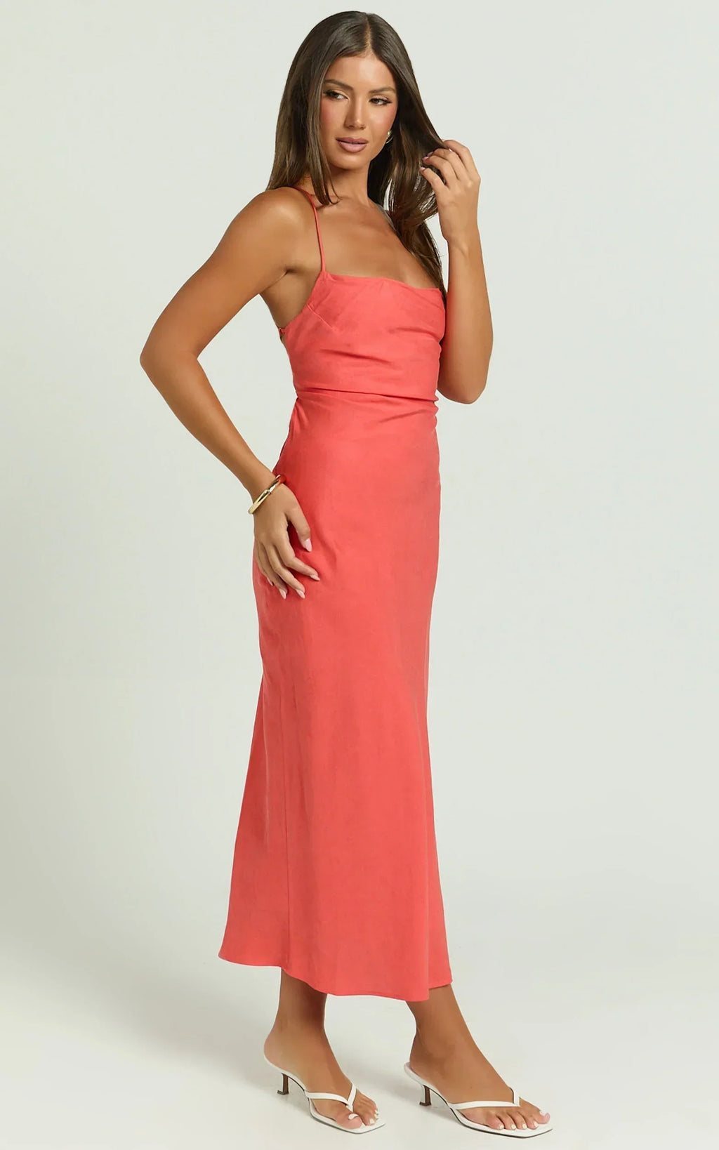 Evangeline Midi Dress - Square Neck Cross Back Bias Dress In Coral