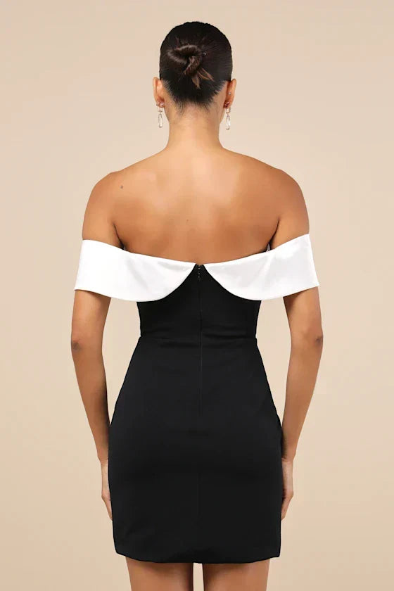 Extravagant Moment Black And White Off-The-Shoulder Mini Dress