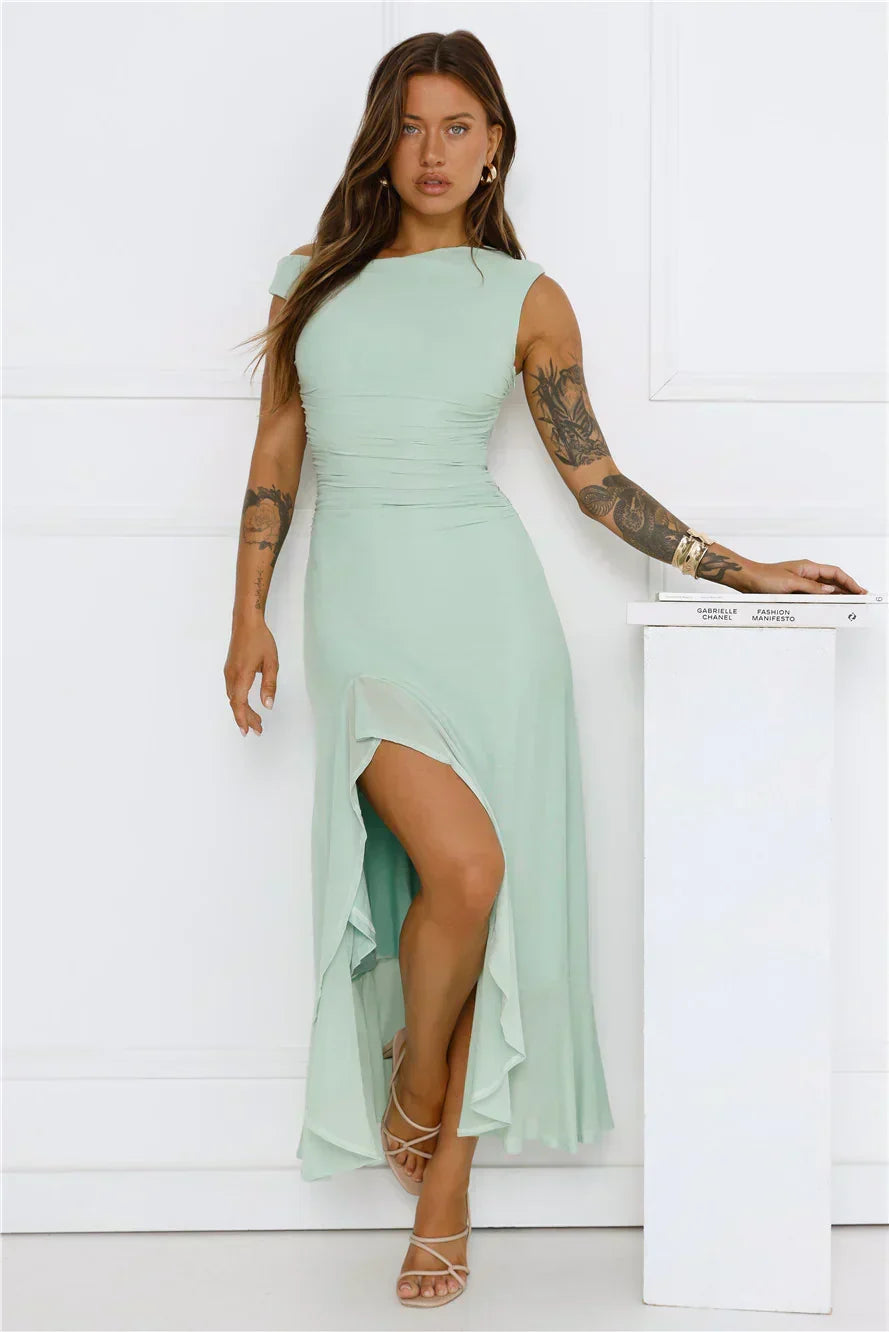 Effortless Girl Off Shoulder Mesh Midi Dress