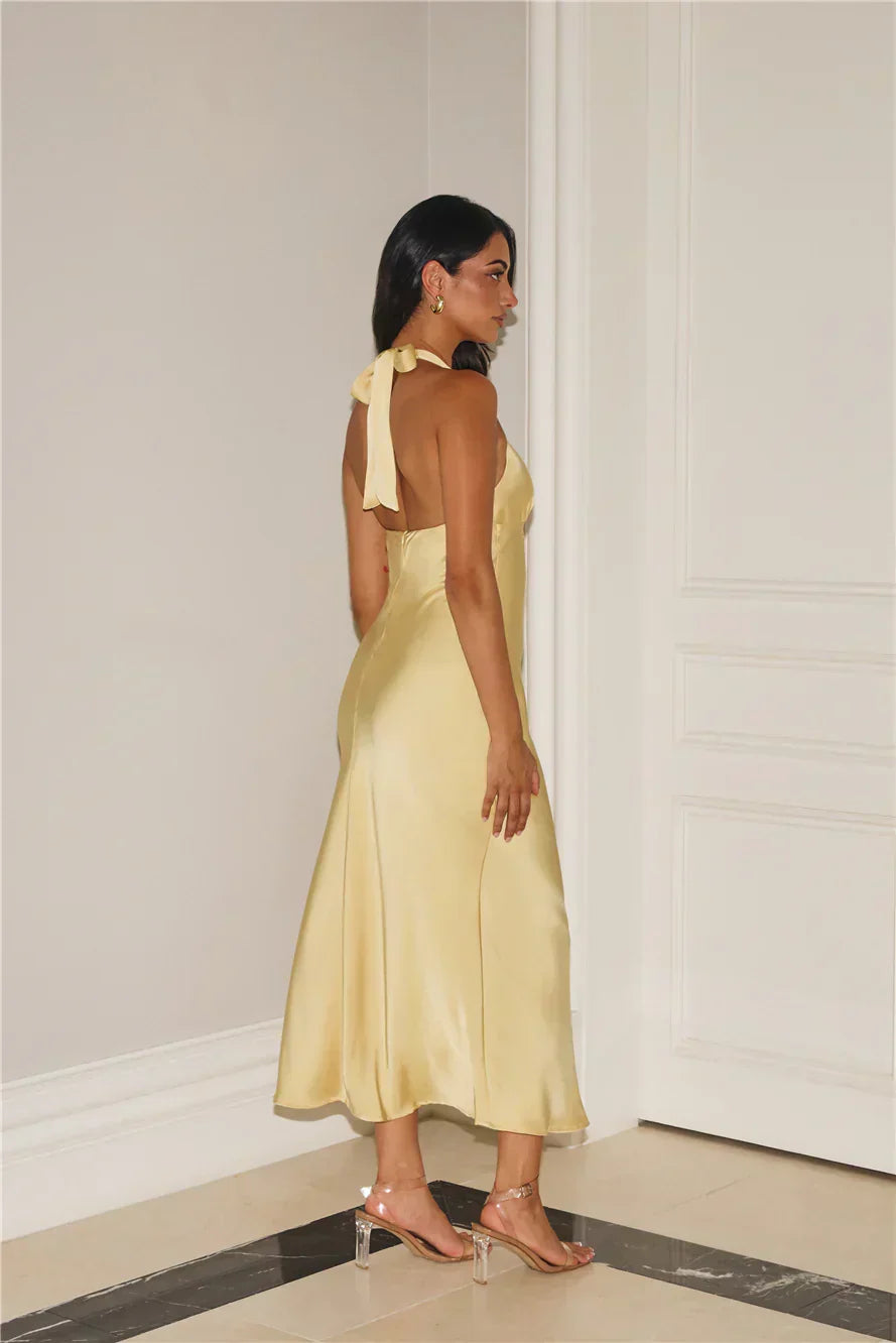 Gold Romance Halter Satin Maxi Dress