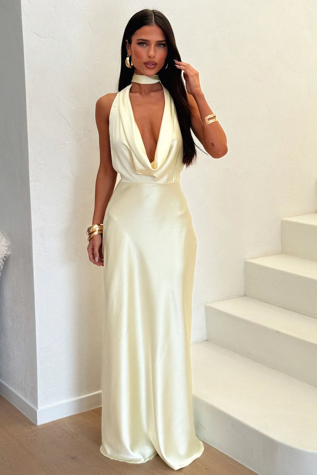 Zealand Plunge Halter Satin Maxi Dress - Yellow