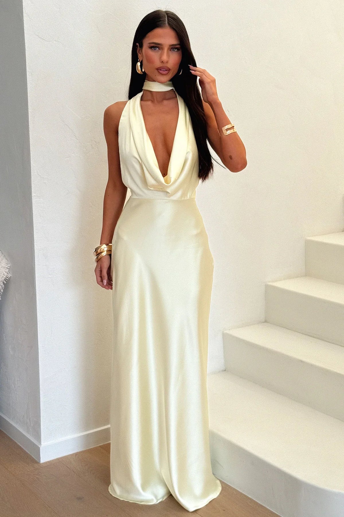 Zealand Plunge Halter Satin Maxi Dress - Yellow