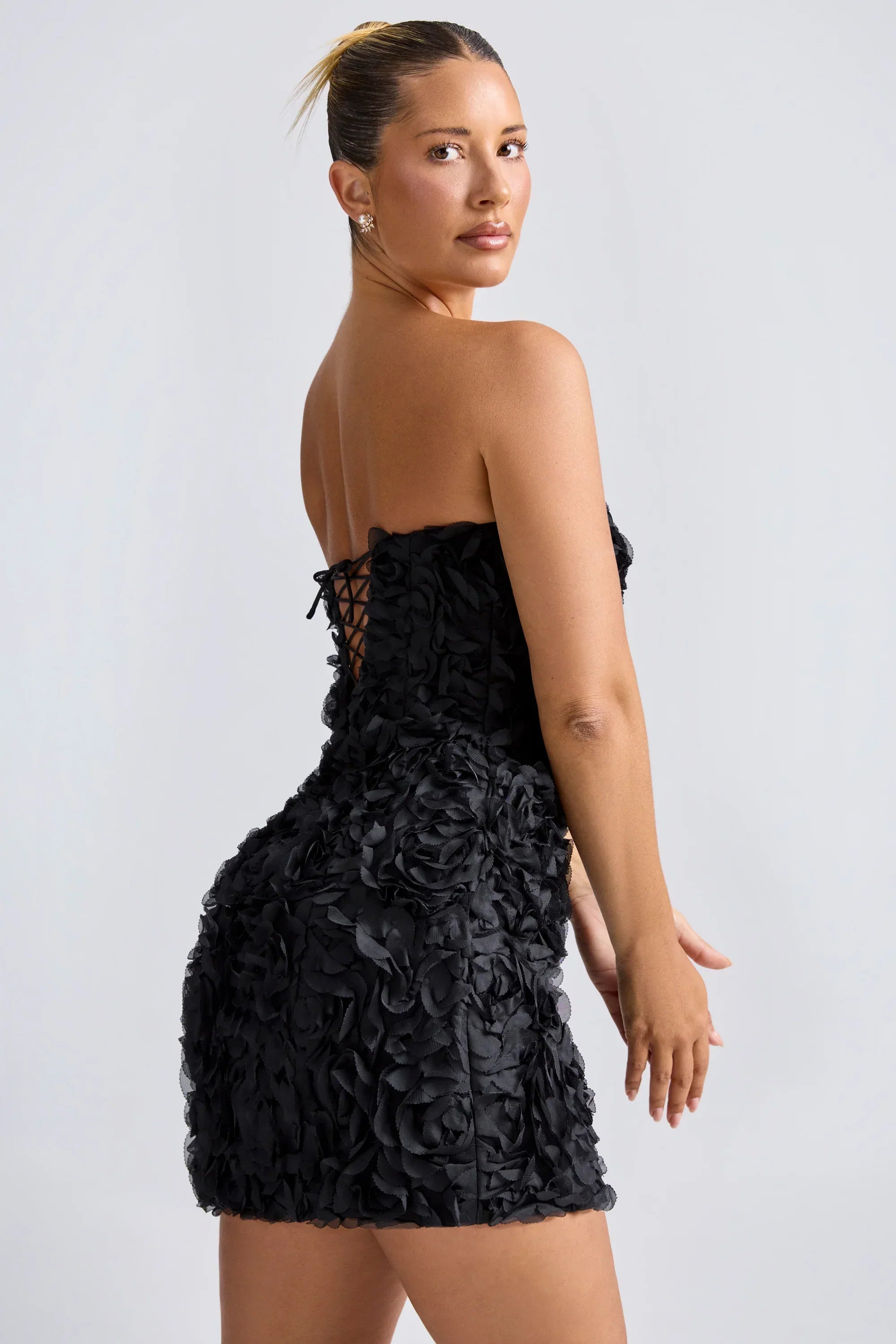 Floral-Appliqué Bandeau A-Line Mini Dress In Black