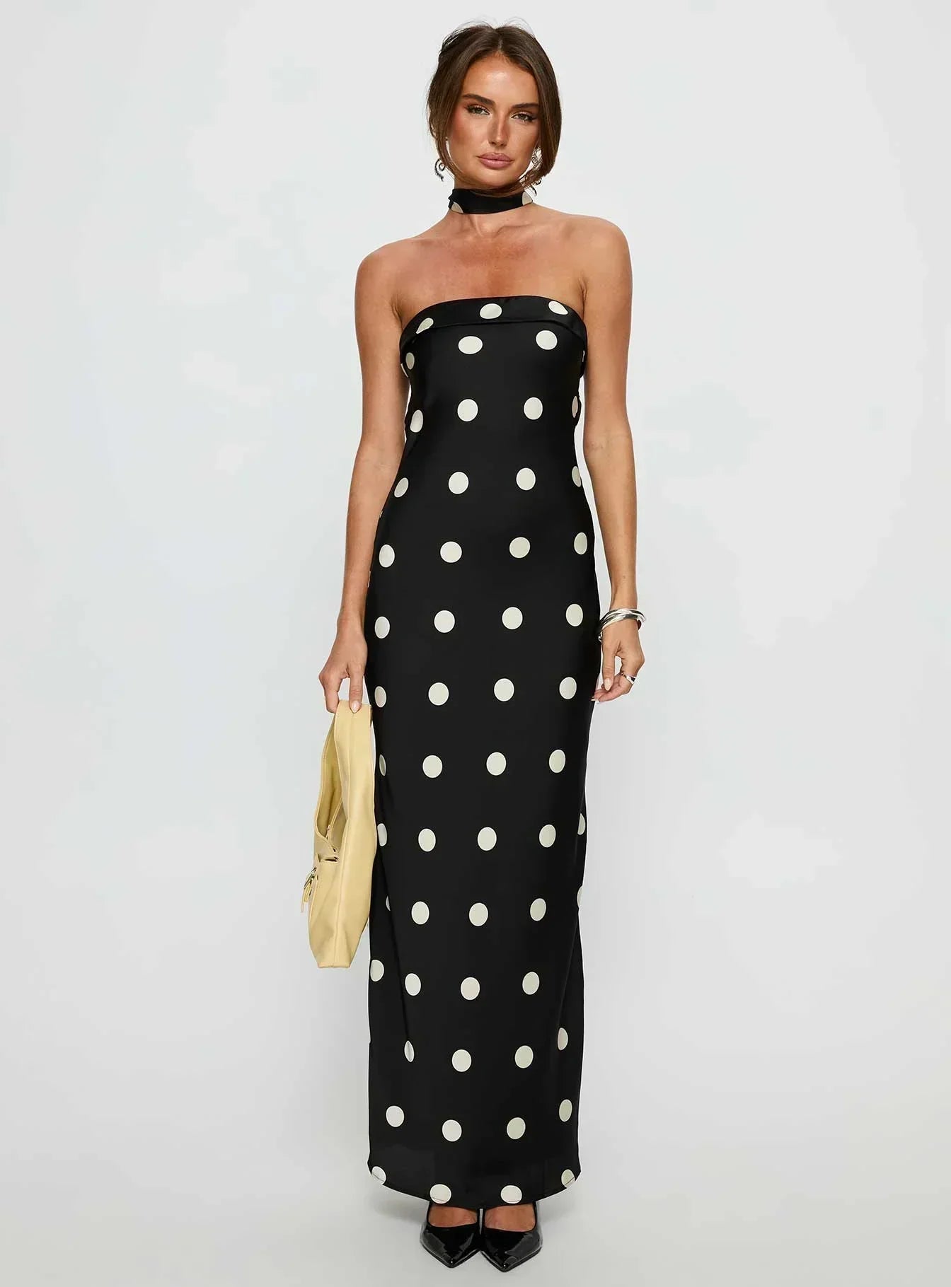 Madilaine Strapless Scarf Maxi Dress Black / Polka Dot