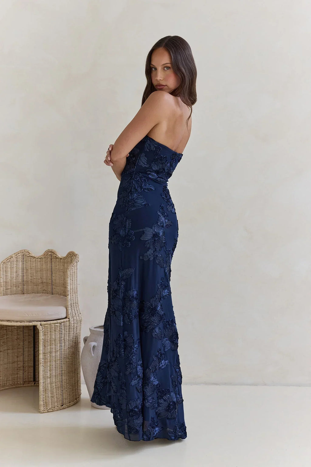 Under A Spell Strapless Mesh Maxi Dress Navy