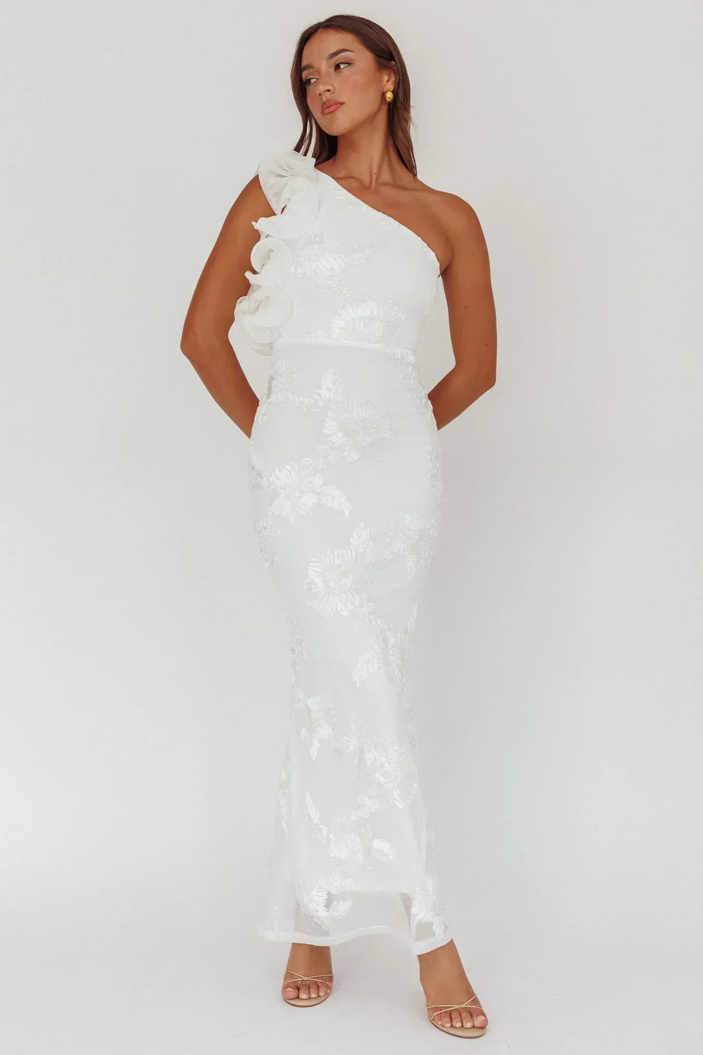 Deanna One-Shoulder Ruffle Maxi Dress Floral Texture White