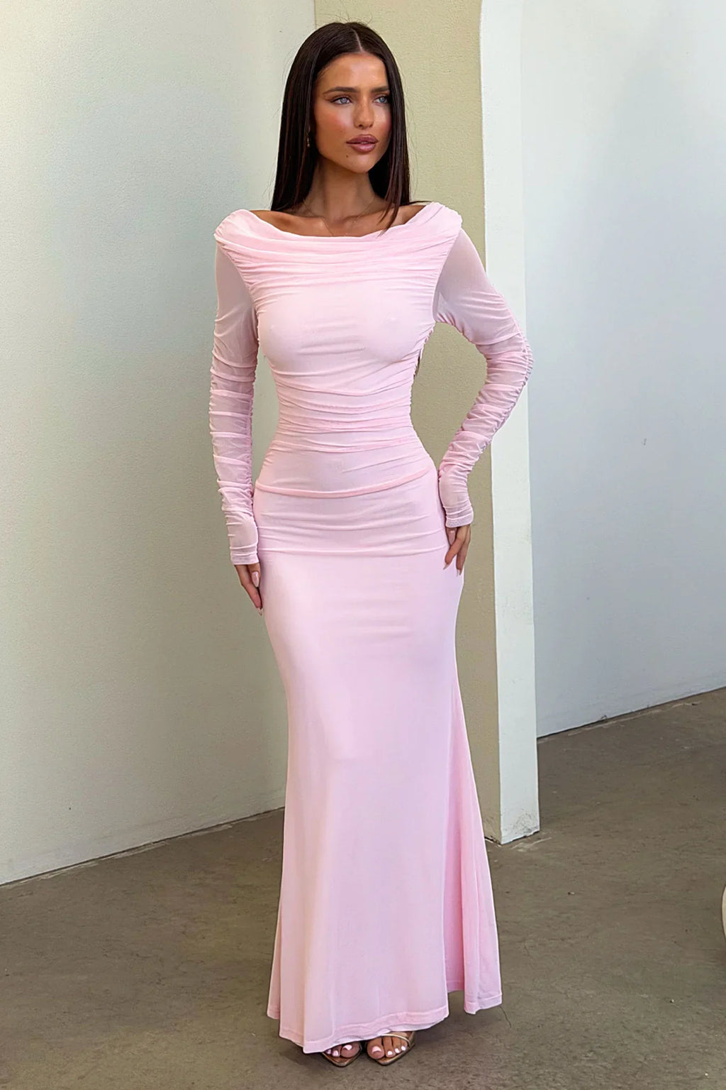 Rowan Long Sleeve Mesh Maxi Dress - Baby Pink