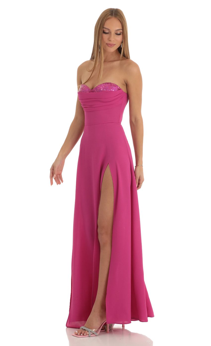 Sequin Bust Crepe Maxi Dress in Hot Pink