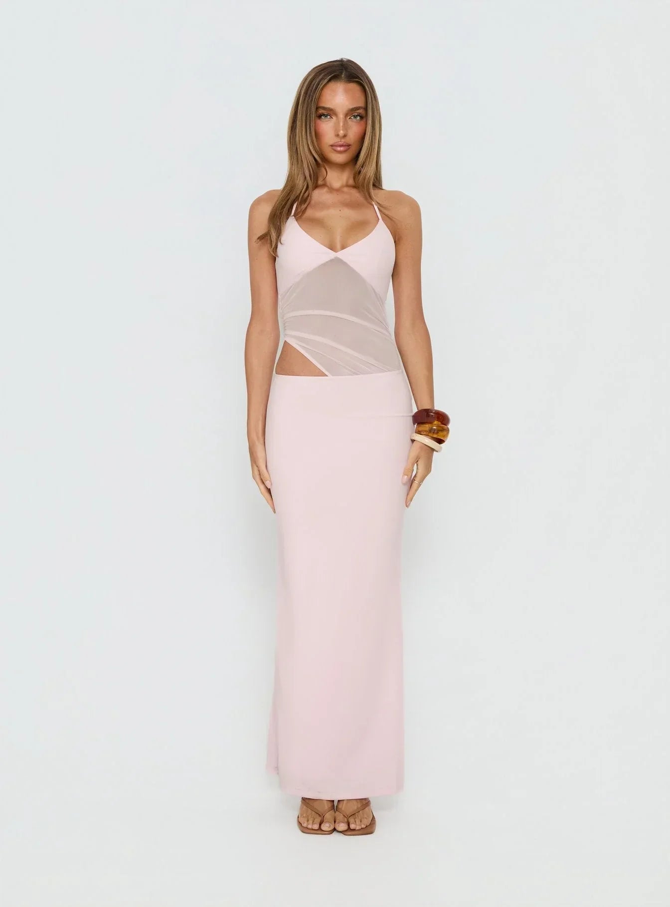 Afinity Sheer V Neck Maxi Dress Pink