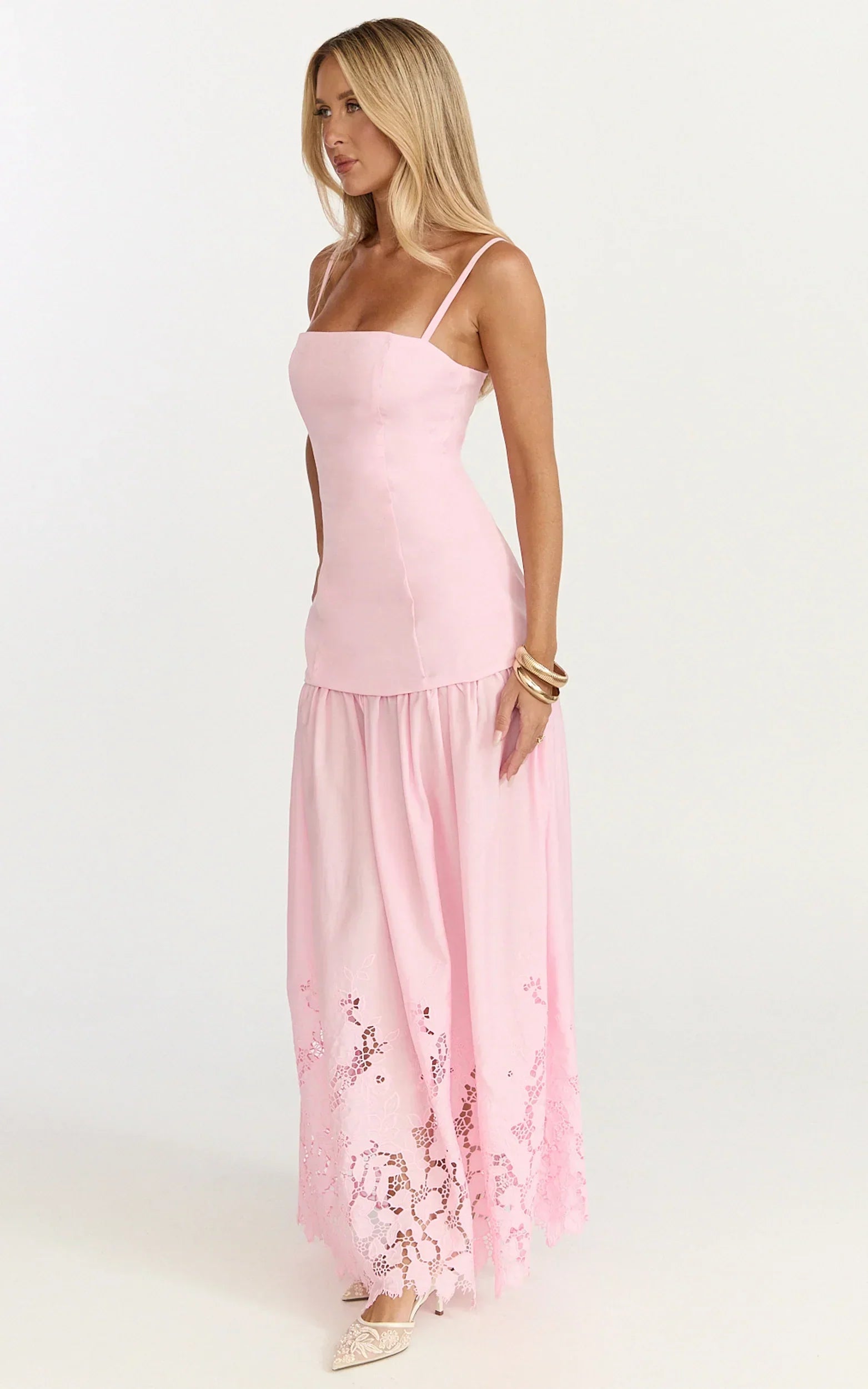 Everly Maxi Dress - Straight Neck Broderie Cut Out Hem Dress In Pink