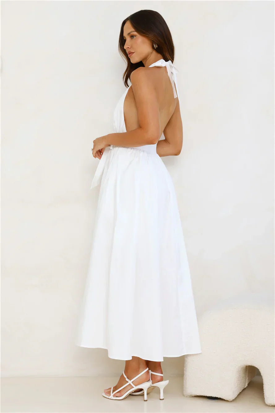 Moonlit Reverie Halter Midi Dress White