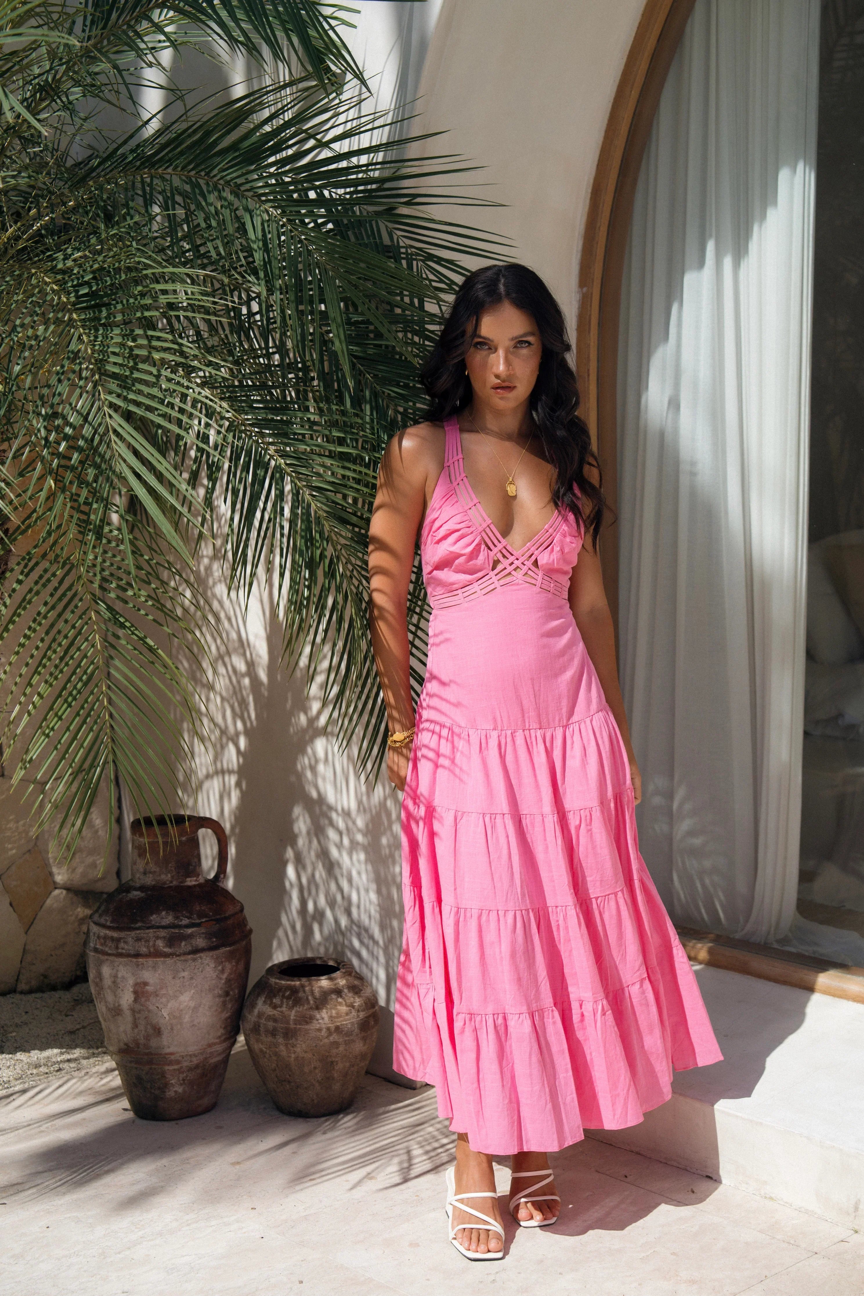 Adrianna Pink Summer Maxi Dress With Open Back