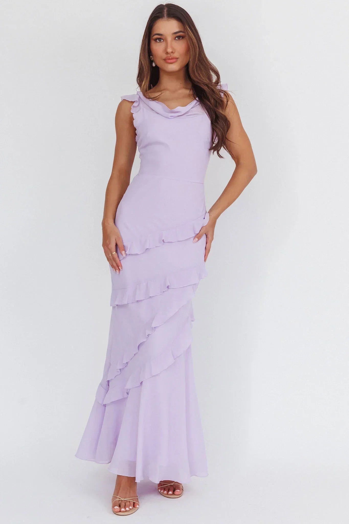 Sangria Cowl Neck Frill Maxi Dress Lilac