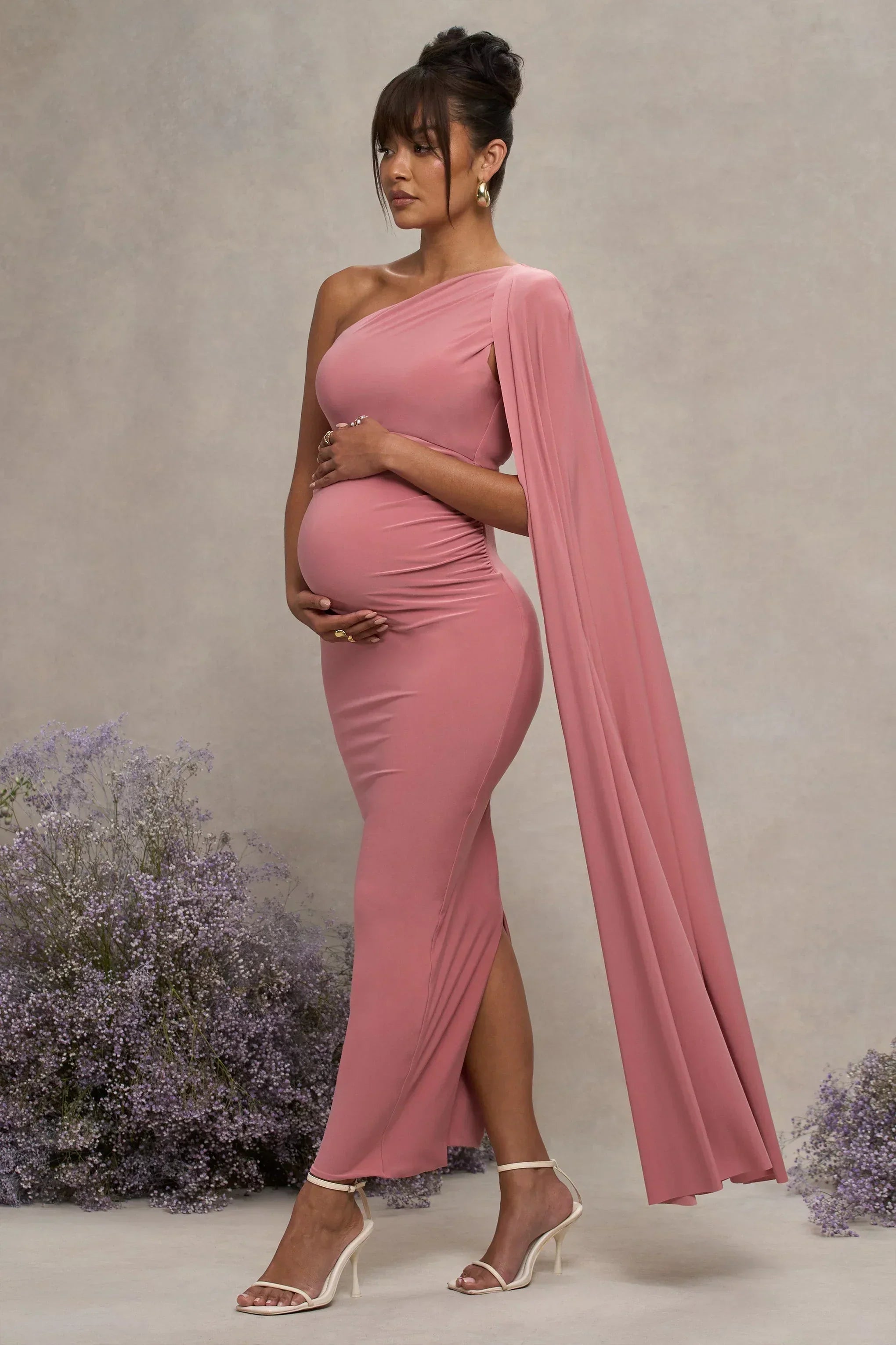 Amaryllis | Blush Pink Maternity One Shoulder Maxi Dress With Cape Sleeve