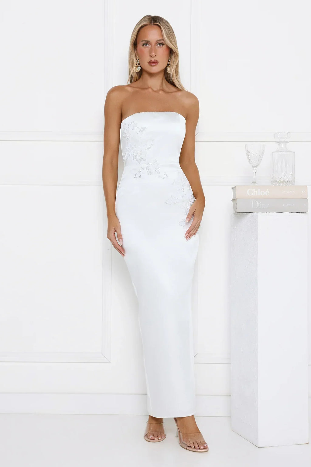 Dusk Desire Strapless Embellished Maxi Dress White