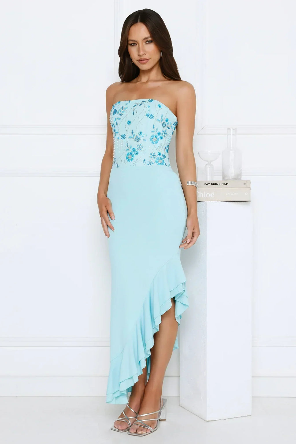 Enchanted Affection Strapless Sequin Midi Dress