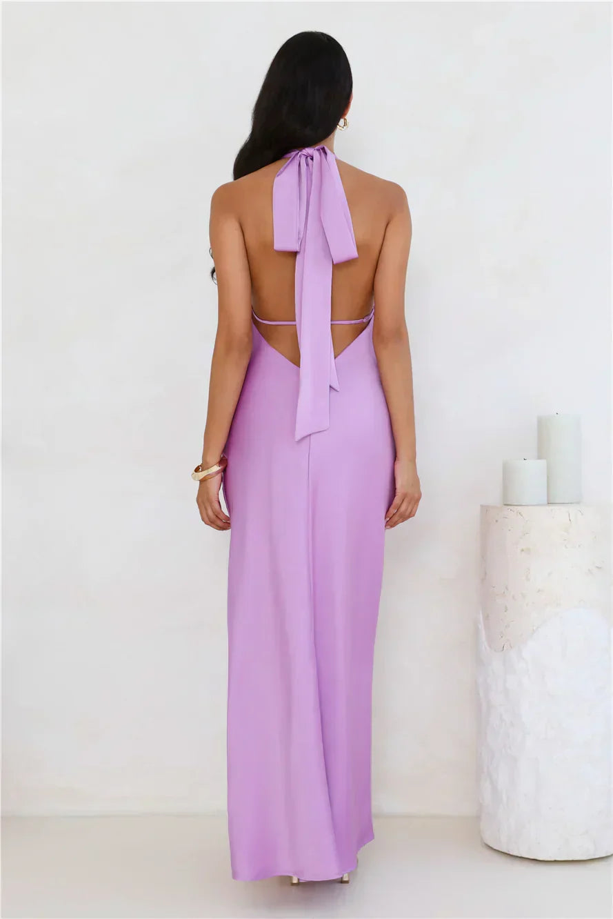 Delicate Dazzle Halter Satin Maxi Dress