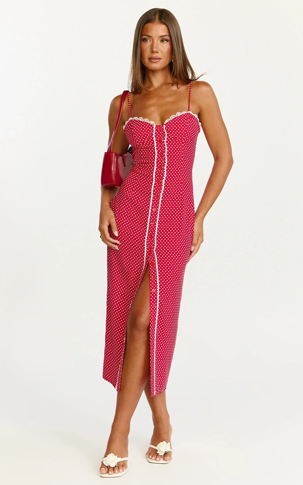 Camille Midi Dress - Button Front Bustier Lace Trim Fitted Dress In Red