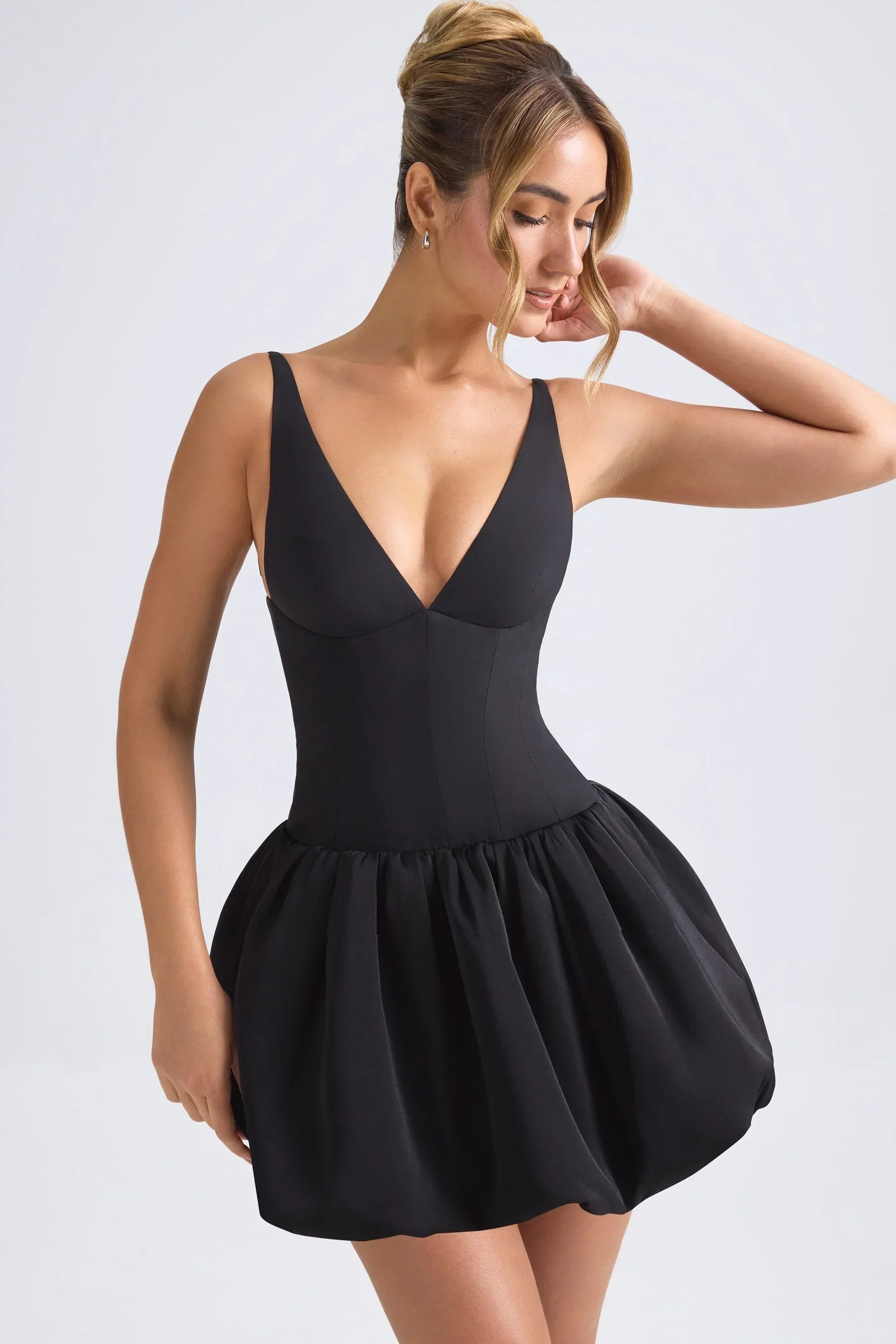 Lace-Up Bubble Hem Corset Micro Mini Dress In Black