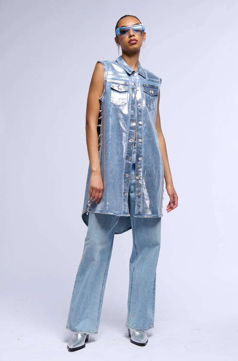 Vegas Rhinestone Trim Metallic Denim Vest