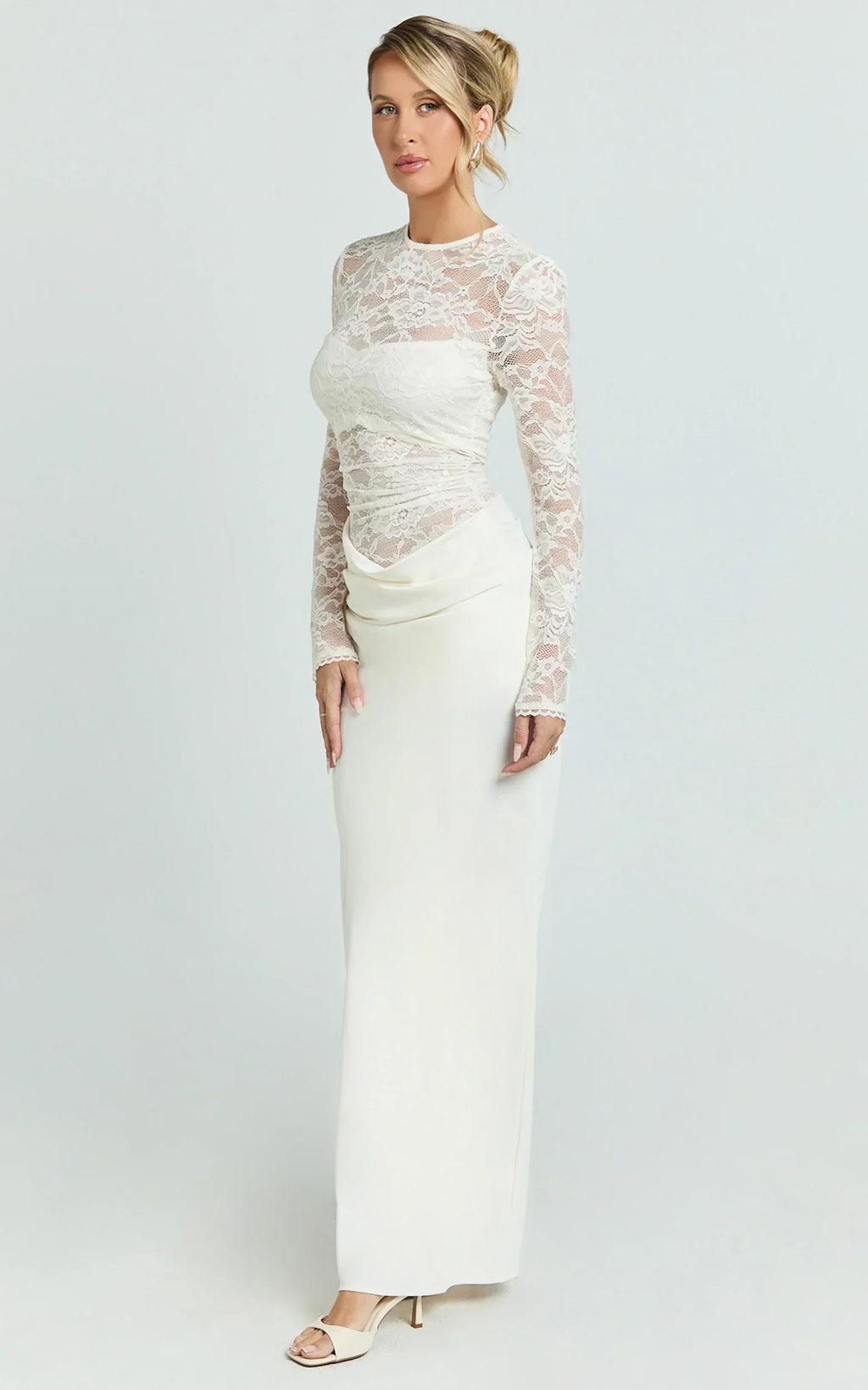 Crisanta Maxi Dress - Long Sleeve Contrast Lace Bodycon Dress in Ivory