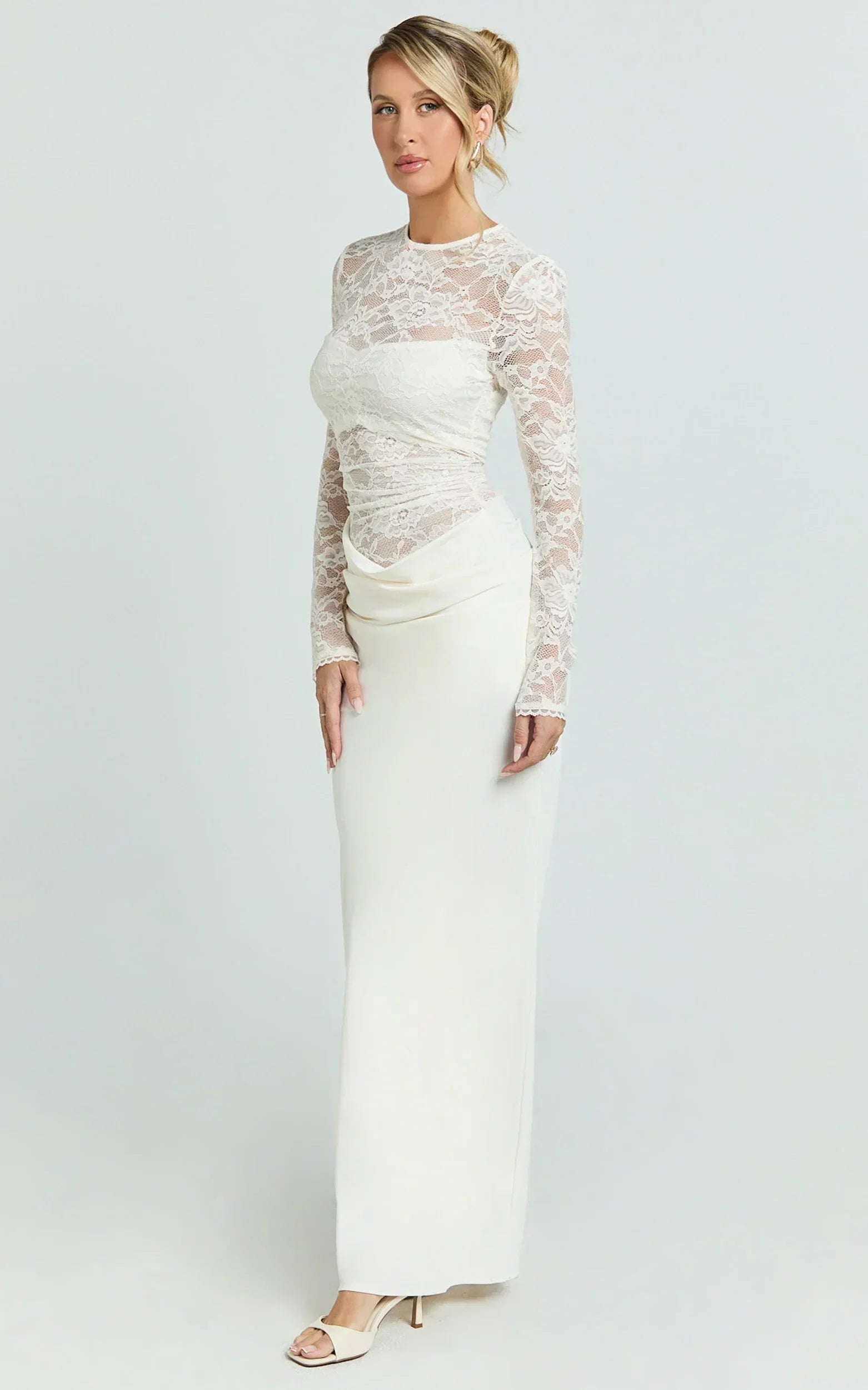 Crisanta Maxi Dress - Long Sleeve Contrast Lace Bodycon Dress in Ivory