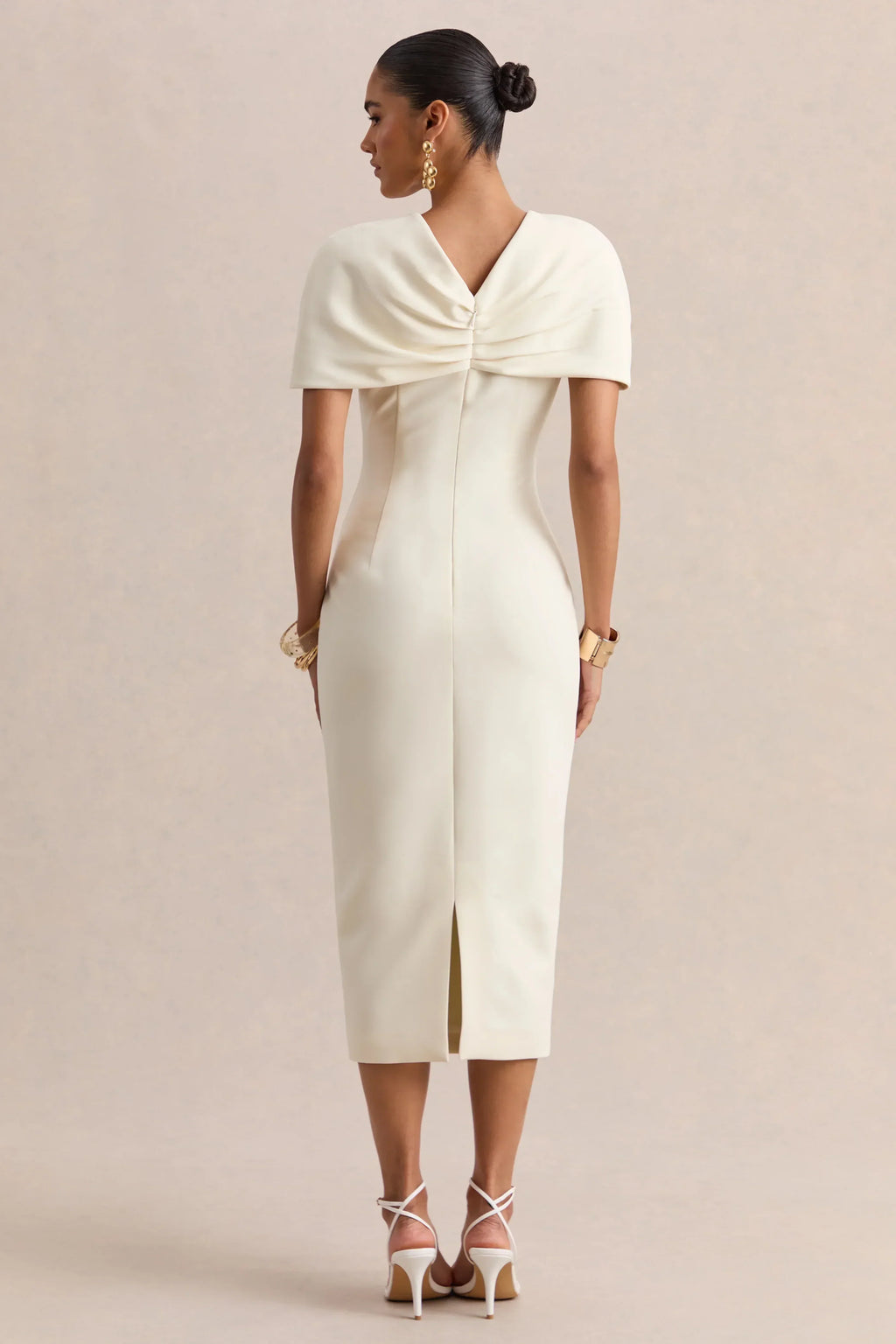 Novalie | Cream V-Neck Midi Dress With Twist-Detail